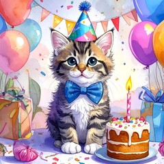 Kitten cat birthday balloons card 