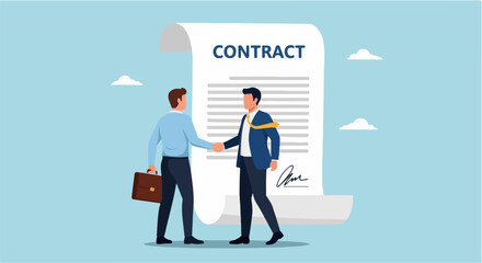 Professional vector illustration showing two men shaking hands in front of a giant rolled contract