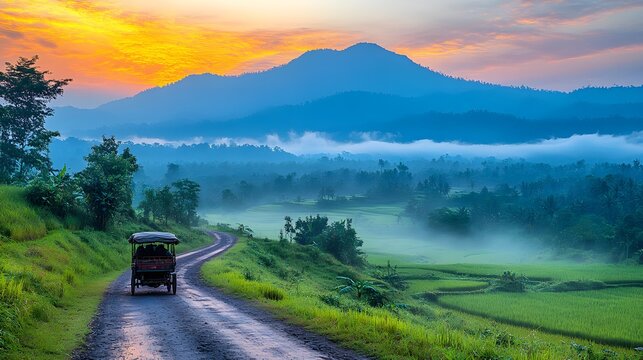 Serene Sunrise over Misty Rice Terraces and Mountains with a Cart on a Winding Road