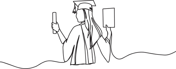 Graduating Woman One Line Art | Minimalist Continuous Line Drawing of Female Graduate in Cap and Gown