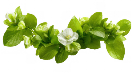 Branch with lush green leaves and delicate white blossoms creates a natural and elegant composition against a transparent background, perfect for adding a touch of freshness to any design