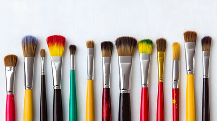 Fototapeta premium Colorful Paintbrushes Arranged On White Wooden Background