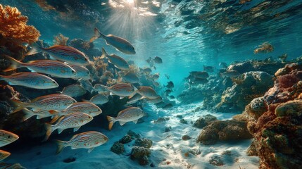 Obraz premium Clear underwater view of coral reef with school of tropical fish swimming through sunlit ocean ideal for marine biology visuals, nature documentaries and ocean preservation campaigns