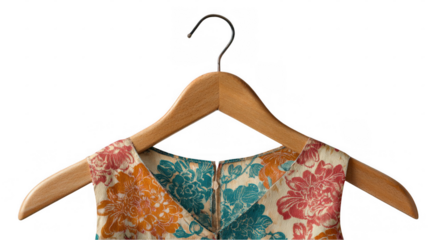 Close up of a floral dress with orange, pink, and teal flowers hanging on a wooden clothes hanger against a transparent background, perfect for fashion and retail related projects
