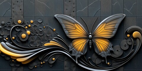 Minimalist paper craft composition featuring a colorful butterfly, flowers and embellishments, on a textured gray background