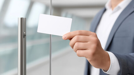 Man with ID card, gaining permission looks determined and efficient