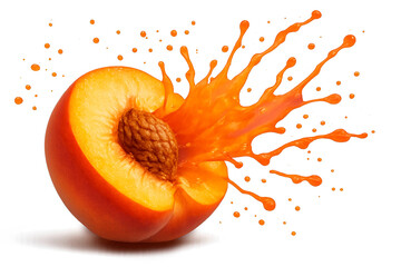 uicy peach halves with vibrant juice splashing in arcs, bright colors, isolated on transparent background, fresh summer feel, high detail.