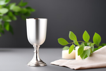 Silver chalice catches light Curved surface gleams, feels divine and ornate