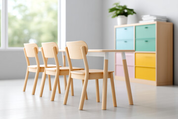 Small wooden desks evoke sense of readiness for learning and creativity