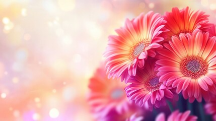 A vibrant bouquet of pink and orange flowers against a soft, dreamy background.