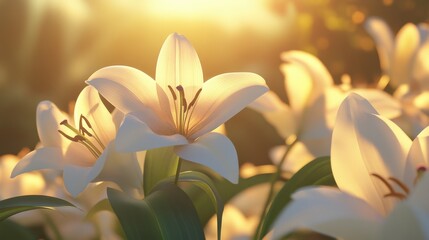 A close-up of white lilies illuminated by soft sunlight in a garden.