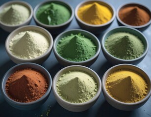 Colorful Powder Bowls Variety of Natural Green Yellow and Brown Powders Healthy Superfood Ingredients
