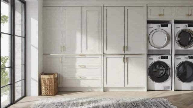 Bright Laundry Room with Washer and Dryer and White Cabinets