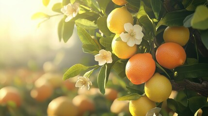 A close-up of citrus fruits and flowers on a tree in sunlight.