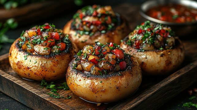 Pani puri with spicy stuffing on a wooden tray
