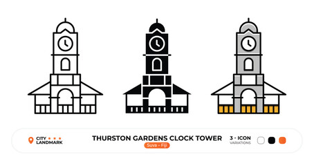 Fototapeta premium Thurston Gardens Clock Tower Line Icon, Suva, Fiji Landmark Silhouette, Color Vector, Editable Stroke.