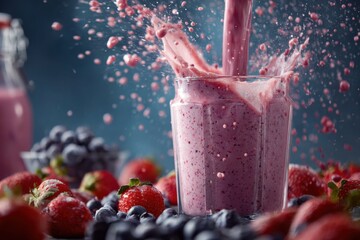 Dynamic Pour of Berry Smoothie with Splash, Surrounded by Fresh Strawberries and Blueberries