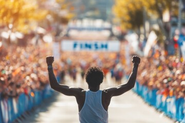 Marathon Runner Celebrates Victory at Finish Line
