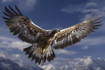 Obraz premium Golden Eagle Soaring in Blue Sky