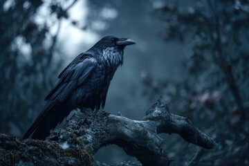 Dark Raven Perched on Branch in Foggy Forest
