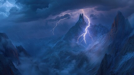 Dramatic mountain landscape illuminated by lightning during a stormy night.