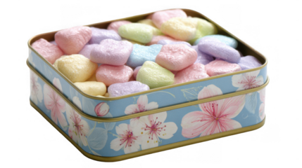 Elegant, light blue tin, adorned with pink cherry blossoms and gold trim, overflows with a colorful assortment of pastel heart shaped candies, set against a transparent background