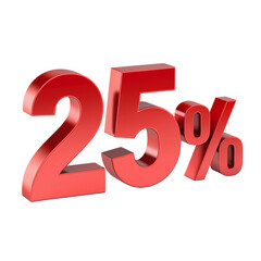 
Sale 25 Percent discount number, red glossy, 3d rendering isolated on transparent white background