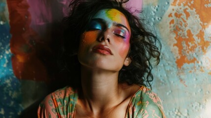 Portrait of a woman with psychedelic makeup and colors stock photo --ar 16:9 --raw --v 6 Job ID: afdf6544-0a3c-487f-9958-b9aac0c23eef