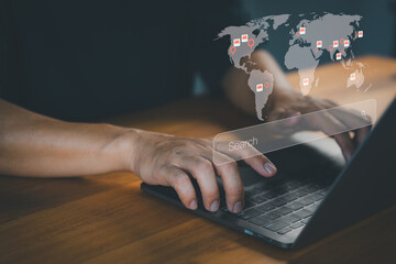 Shopping online search and global business presence. Hands typing on laptop with global search interface overlay, showing Store online world map and location icons representing digital connections.