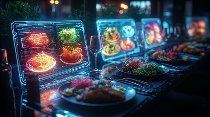 Futuristic dining experience urban restaurant visual art high-tech environment close-up gourmet cuisine presentation