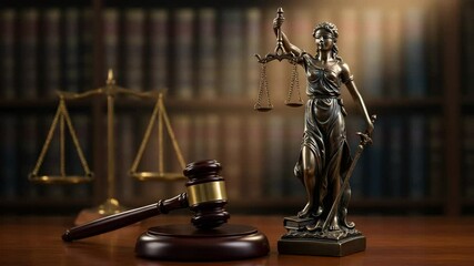 Lady Justice statue with blindfold and scales in courtroom setting, symbolizing fairness, rule of law, legal authority, and ethical judgment in professional law firm or government trial environment
