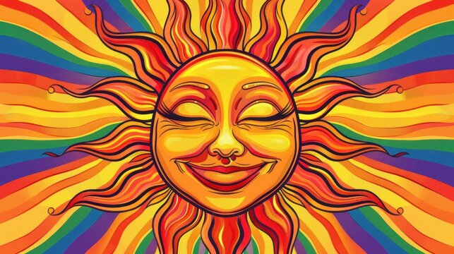 Psychedelic sun with radiating rainbow rays and smiling face stock photo --ar 16:9 --raw --v 6 Job ID: d1a3b95d-c8a3-4e48-9086-f5bc1dfe19a9