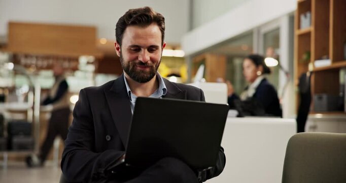 Lobby, typing and man with laptop, hotel and preparing for presentation on web, employee and online. Waiting, guest and planning for schedule of meeting, happy and person with tech on business trip