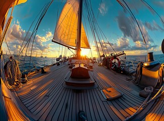 A sailboat deck with the sun shining through the sails, fisheye photography, nautical theme, high resolution, professional photograph, wide-angle lens, golden hour lighting, photorealistic. 
