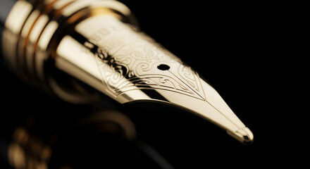 Close-up of a Gold Luxury Pen Nib with Engraved Details on Black Background. Fountain pen,...