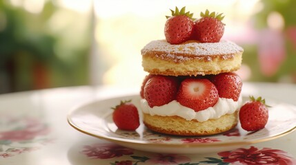 A delicious strawberry shortcake with fresh strawberries and whipped cream.