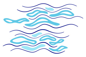 Minimalist water blue nature flat vector illustration. Blue waves on white background. Abstract background of different curved lines and shapes. Natural native decorative design element