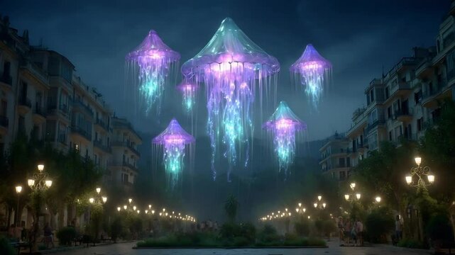 Fantasy cityscape at dusk with glowing jellyfish floating in the air creating a surreal ambiance