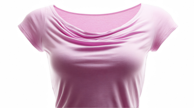 Pink short sleeve scoop neckline t shirt with fabric folds isolated on transparent background, perfect for showcasing designs or creating mockups