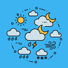 Obraz premium Weather icons in a circular layout with sun, clouds, and lightning 