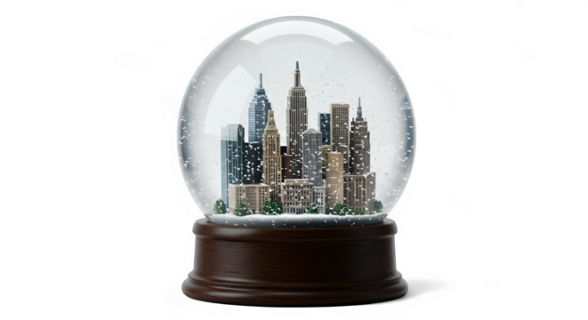 Miniature New York City Snow Globe with Detailed Buildings and Snowflakes