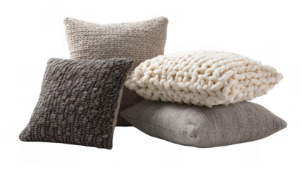Stacked soft, woven cushions in neutral colors create a cozy atmosphere, enhancing interior comfort with a transparent background for easy design integration