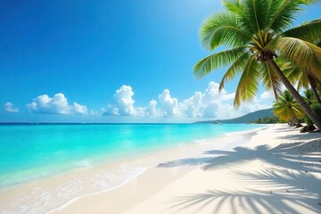 Fototapeta premium Sun-drenched beach scene with calm turquoise water lapping gently on the shore, soft white sand, and a vibrant blue sky Perfect for travel, vacation, and summer themes , paradise, scenery