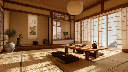 朝日差し込む和室と茶の時間