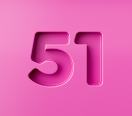 Vibrant pink number 51 Fifty one embossed on a pink background, 3d illustration