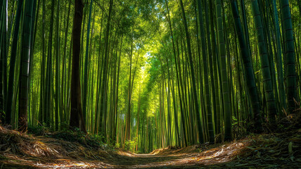 Fototapeta premium 光が差し込む竹林の幻想的な小道