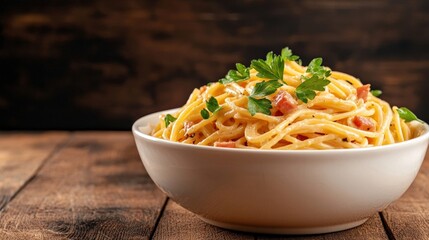 Carbonara Delicious pasta with herbs in a bowl on a wooden table. AI-generated.