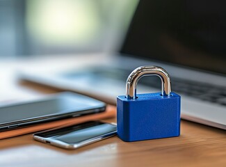 A blue combination padlock sits on the table next to a laptop and smartphone, representing the concept of data security or online activity protection with internet technology in a business office work