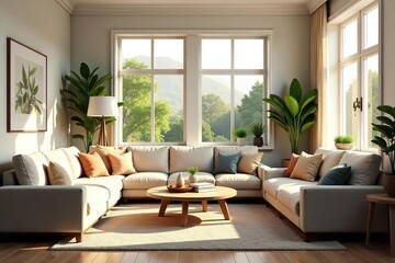 Cozy family room interior with comfortable seating, natural light streaming through large windows, and charming home decor accents creating a warm and inviting atmosphere , carpet, house, peaceful