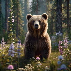 Fototapeta premium Majestic Bear in Blooming Forest: A large, majestic bear is sitting in a sun-drenched forest of flowers and green plants, the scene illuminated with soft light and detailed with lush textures.